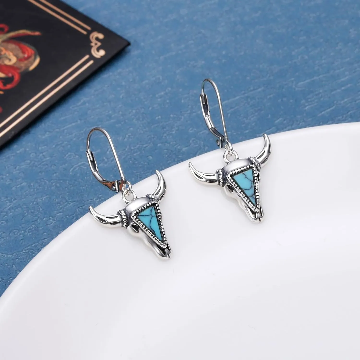 Western Cow Set 925 Sterling Silver Turquoise Cow Skull Earrings/Choker Necklace Cowgirl Boot Dangle Earrings Cowgirl Cowboy Jewelry Set Bohemian Jewelry Gift for Women Men