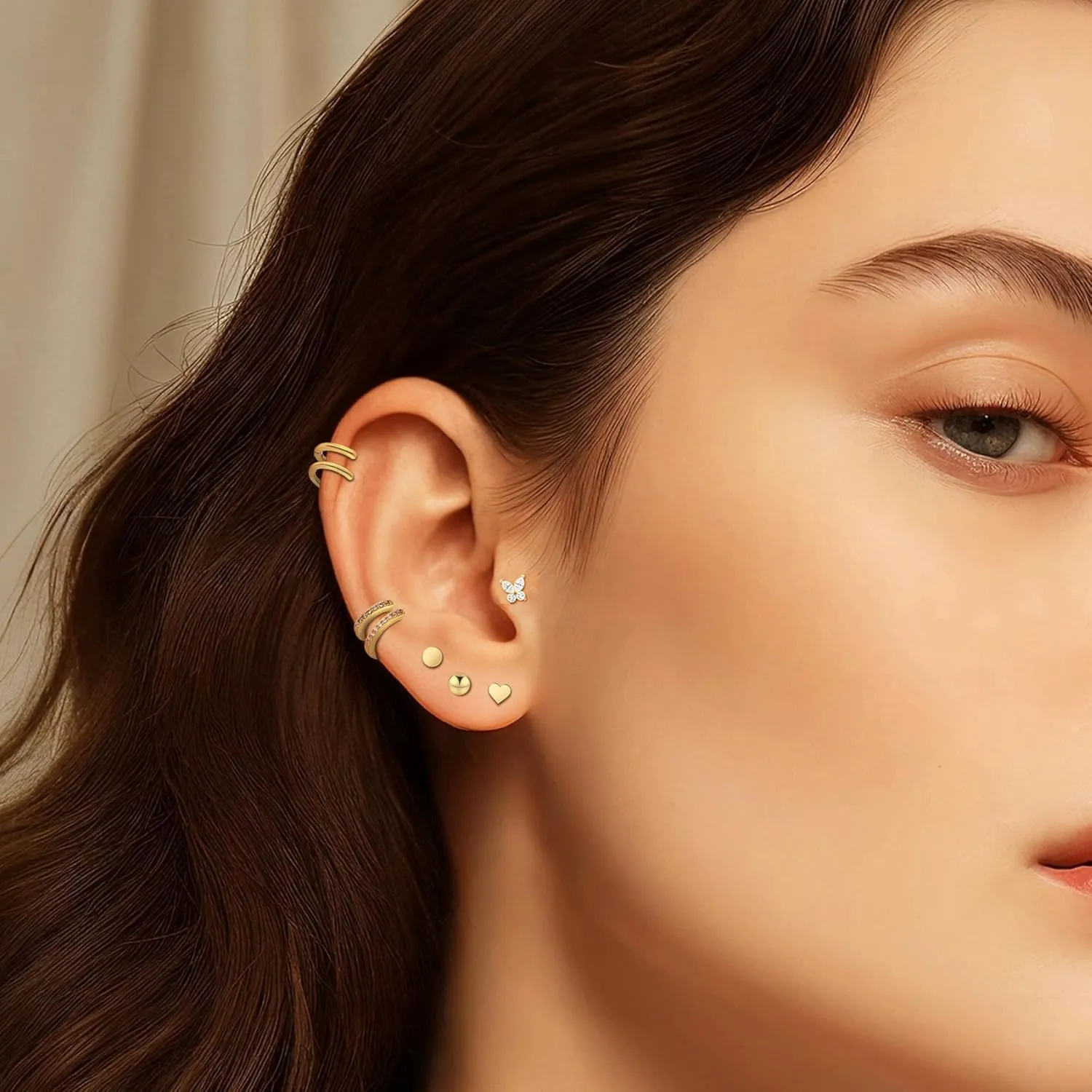 Wgoud 12 Pairs Hypoallergenic Surgical Steel Earrings for Sensitive Ears Waterproof Trendy Gold Small Stud Flat Back Stainless Steel Earrings for Women Men Hoop Cartilage Earring Set for Multiple Piercing