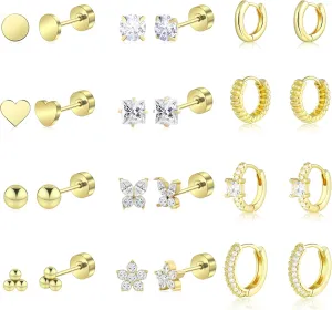 Wgoud 12 Pairs Hypoallergenic Surgical Steel Earrings for Sensitive Ears Waterproof Trendy Gold Small Stud Flat Back Stainless Steel Earrings for Women Men Hoop Cartilage Earring Set for Multiple Piercing