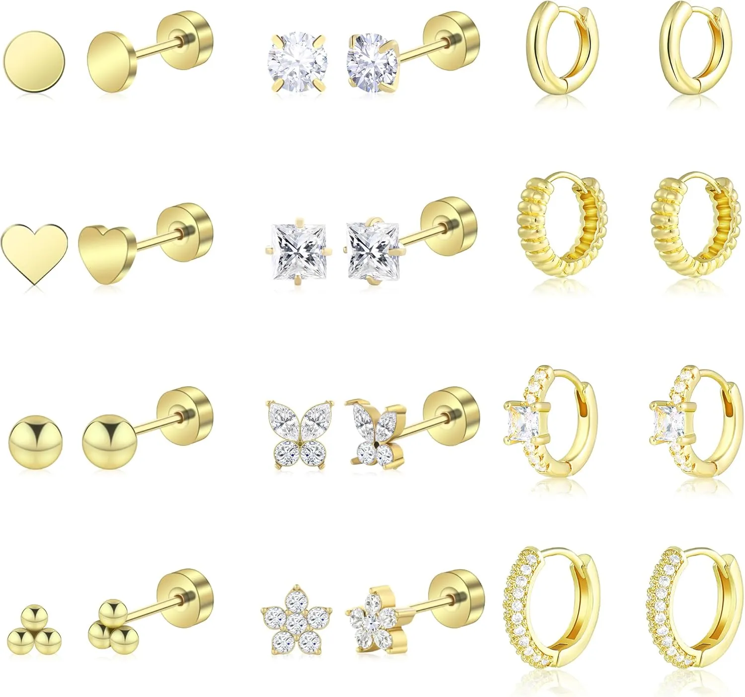 Wgoud 12 Pairs Hypoallergenic Surgical Steel Earrings for Sensitive Ears Waterproof Trendy Gold Small Stud Flat Back Stainless Steel Earrings for Women Men Hoop Cartilage Earring Set for Multiple Piercing