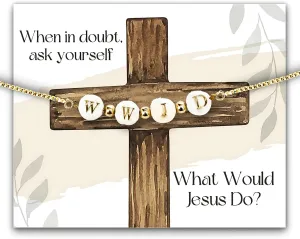 What Would Jesus Do Bracelet, Dainty WWJD Jewelry, Christian Gifts for Women, Cross Bracelet Box, Religious & Spiritual Catholic Gifts for Women, Shell Beads & Gold-Plated Accents, Adjustable