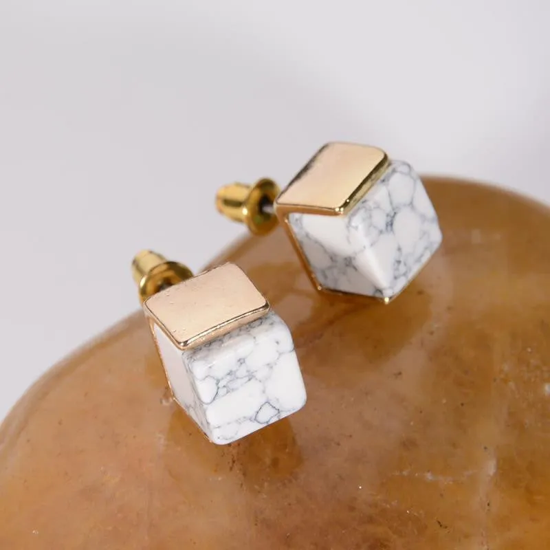 White Marbled Stone Stud Earrings