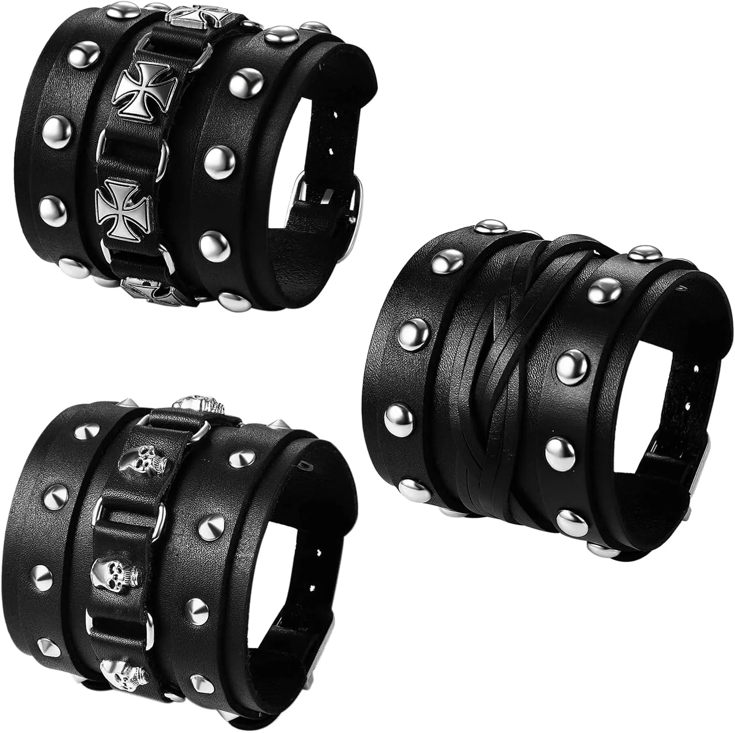 Wide Leather Cuff Bracelets for Women Men, Adjustable Viking Hand Wrap Gothic Jewerly Halloween Renaissance Costume Wristband, 3PCS