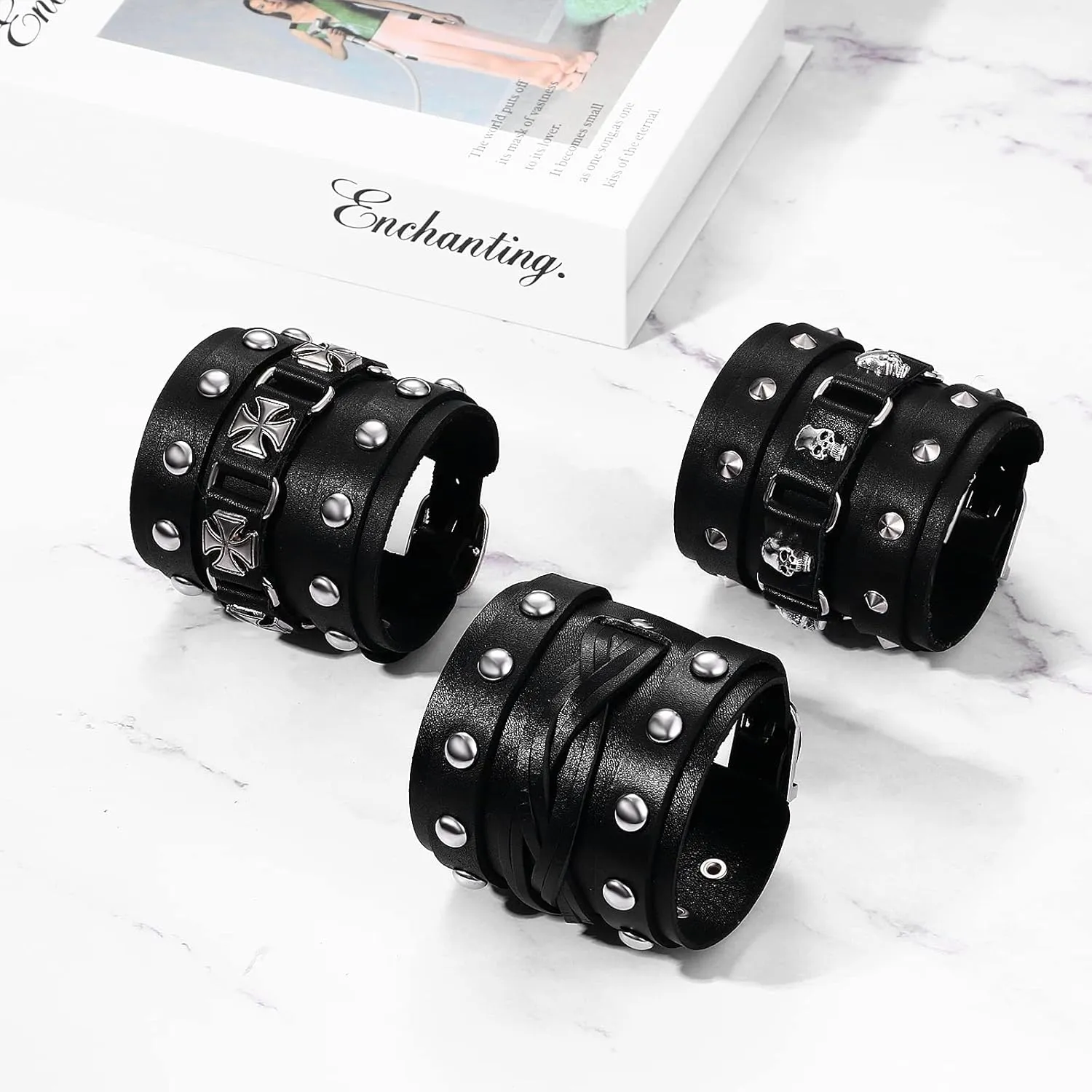 Wide Leather Cuff Bracelets for Women Men, Adjustable Viking Hand Wrap Gothic Jewerly Halloween Renaissance Costume Wristband, 3PCS