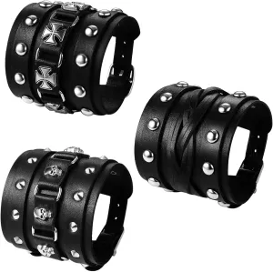 Wide Leather Cuff Bracelets for Women Men, Adjustable Viking Hand Wrap Gothic Jewerly Halloween Renaissance Costume Wristband, 3PCS