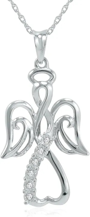 Winged Angel Open Heart Diamond Pendant Necklace in Sterling Silver on an 18 inch Sterling Silver Chain |Real Diamond Necklaces for Women