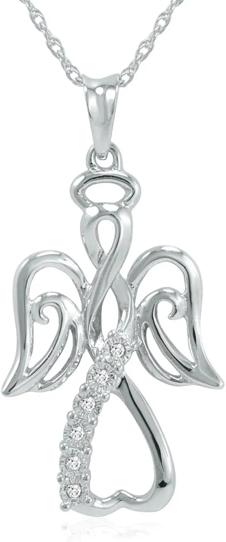Winged Angel Open Heart Diamond Pendant Necklace in Sterling Silver on an 18 inch Sterling Silver Chain |Real Diamond Necklaces for Women