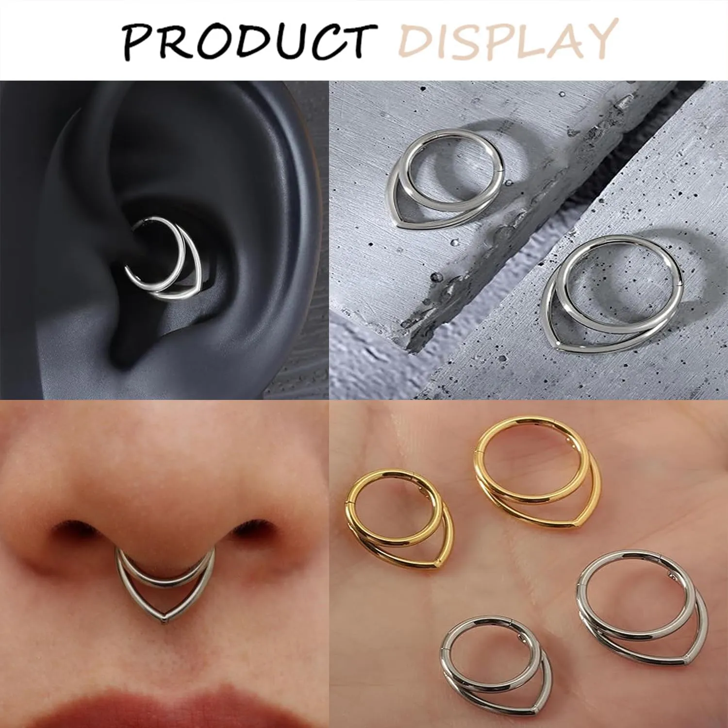 Woman Men 16 Gauge Septum Ring 16G Hinged Nose Ring Daith Earrings Clicker Rings Piercing Jewelry Gold-Silver