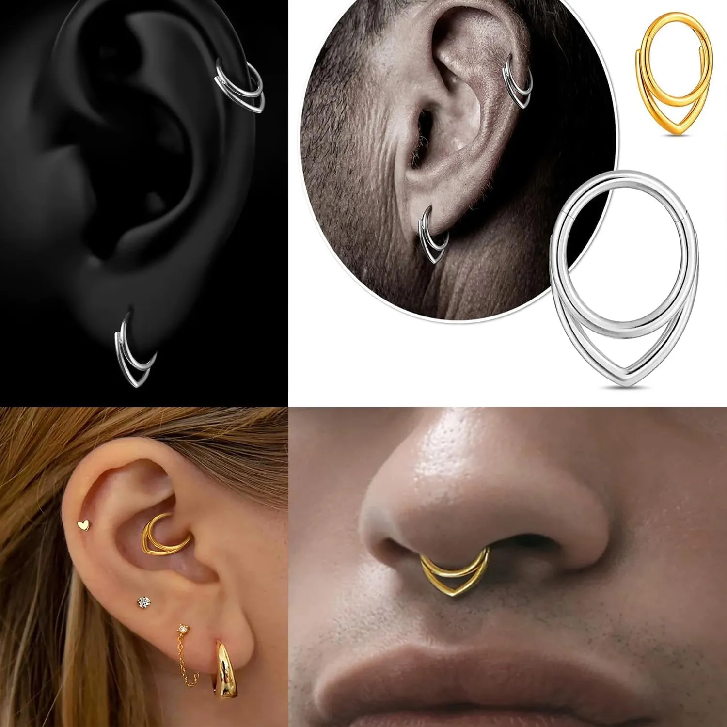 Woman Men 16 Gauge Septum Ring 16G Hinged Nose Ring Daith Earrings Clicker Rings Piercing Jewelry Gold-Silver