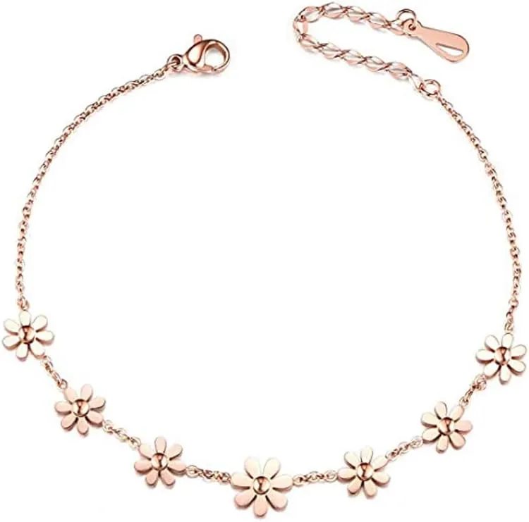 Women Daisy Flowers Anklet Stainless Steel Adjustable Chain Ankle Bracelets for Beach Jewelry