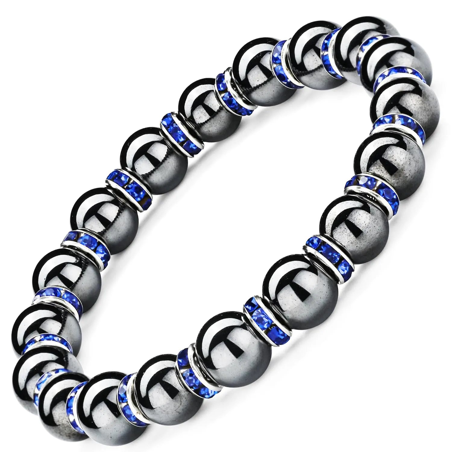Women's Magnetic BraceletHematite BraceletsMagnetic Bracelets With Zirconia,Handmade Stretch Magnetic BraceletEliminates static electricity. (Blue Zirconia,10MM)