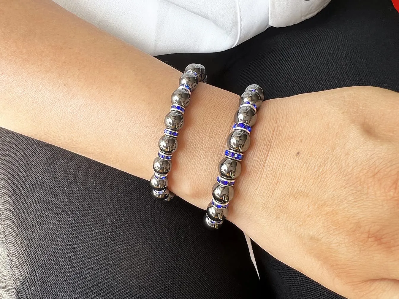 Women's Magnetic BraceletHematite BraceletsMagnetic Bracelets With Zirconia,Handmade Stretch Magnetic BraceletEliminates static electricity. (Blue Zirconia,10MM)