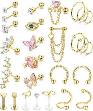 YADOCA 27Pcs 16G Cartilage Earrings For Women Men Tragus Piercing Jewelry Stainless Steel Conch Stud Hoop Earring Hypoallergenic Cz Butterfly Heart Evil Eye Cartilage Tragus Conch Helix Daith Piercing Jewelry