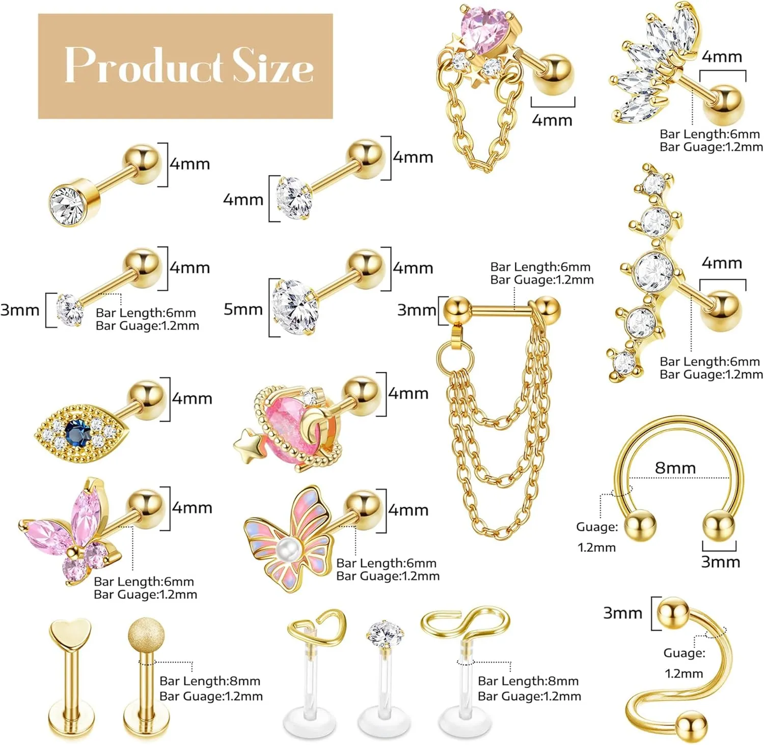 YADOCA 27Pcs 16G Cartilage Earrings For Women Men Tragus Piercing Jewelry Stainless Steel Conch Stud Hoop Earring Hypoallergenic Cz Butterfly Heart Evil Eye Cartilage Tragus Conch Helix Daith Piercing Jewelry
