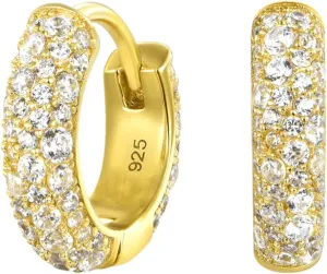 Yellow Gold Plated 925 Sterling Silver Hoop Earrings Flower Set 3d Fully Iced Cubic Zirconia CZ 12mm Unisex Ice Out Huggie Small Sparkle Silver Hoop Earrings Fine Jewelry Birthday Gifts for Men,Women