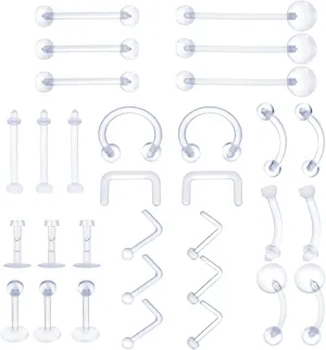 Yolev 31 Pcs Plastic Nose Rings for Surgery Clear Piercing Retainer Belly Button Rings Plastic Earrings for Sports Flexible Ear Nose Septum Lip Eyebrow Clear Nose Rings