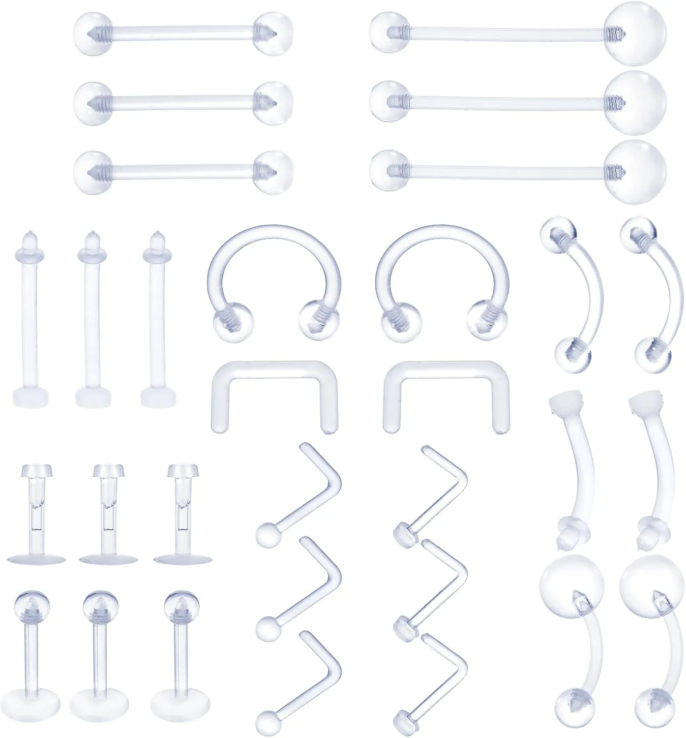 Yolev 31 Pcs Plastic Nose Rings for Surgery Clear Piercing Retainer Belly Button Rings Plastic Earrings for Sports Flexible Ear Nose Septum Lip Eyebrow Clear Nose Rings