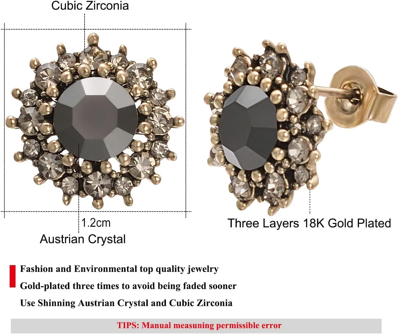Yoursfs Vintage Black Cz Stud Earrings For Women Gold Plate Cut Diamond Stud Ear Cubic Zircon Jewelry