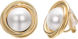 Yoursfs White Large Pearl Clip on Earrings for Women 18k Gold Plated Hypoallergenic Non Pierced Earrings Fashion Sparkly Jewelry