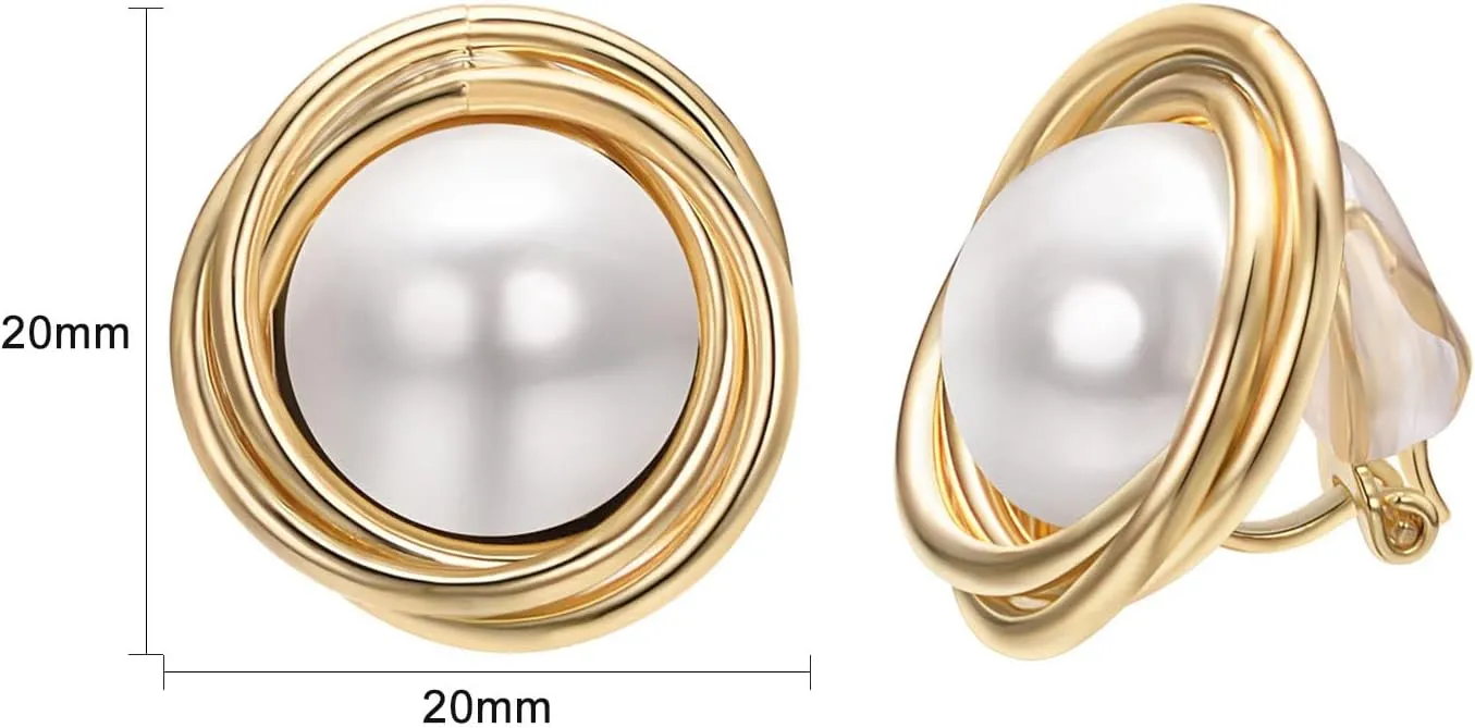 Yoursfs White Large Pearl Clip on Earrings for Women 18k Gold Plated Hypoallergenic Non Pierced Earrings Fashion Sparkly Jewelry