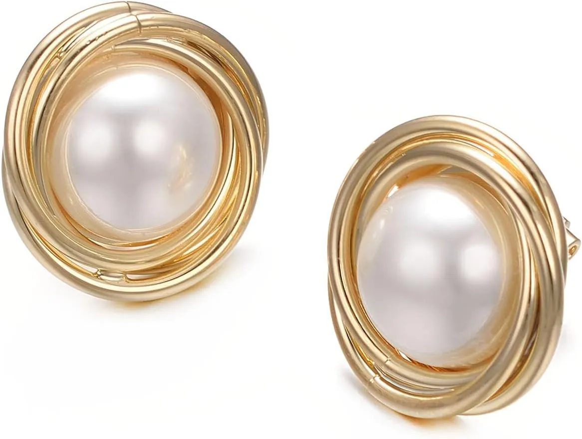 Yoursfs White Large Pearl Clip on Earrings for Women 18k Gold Plated Hypoallergenic Non Pierced Earrings Fashion Sparkly Jewelry