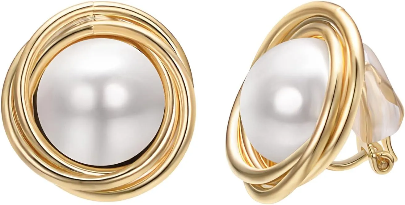 Yoursfs White Large Pearl Clip on Earrings for Women 18k Gold Plated Hypoallergenic Non Pierced Earrings Fashion Sparkly Jewelry