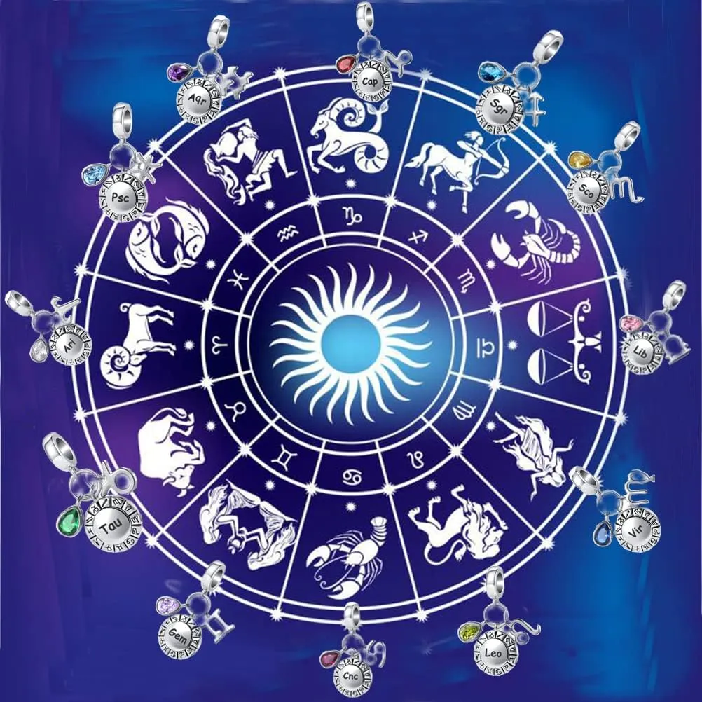 Zodiac 12 Constellation Charm Horoscope Sign Astrology Birthday Birthstone Charms For Pandora Charm Bracelets Necklac