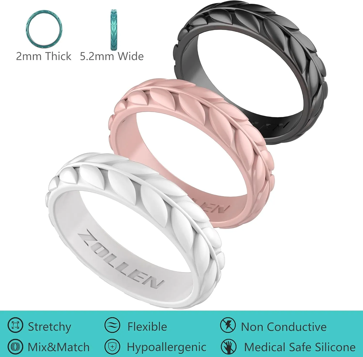 Zollen Olive Leaves Silicone Wedding Rings for Women, Rubber Wedding Bands Stackable Ring, Hypoallergenic Silicone