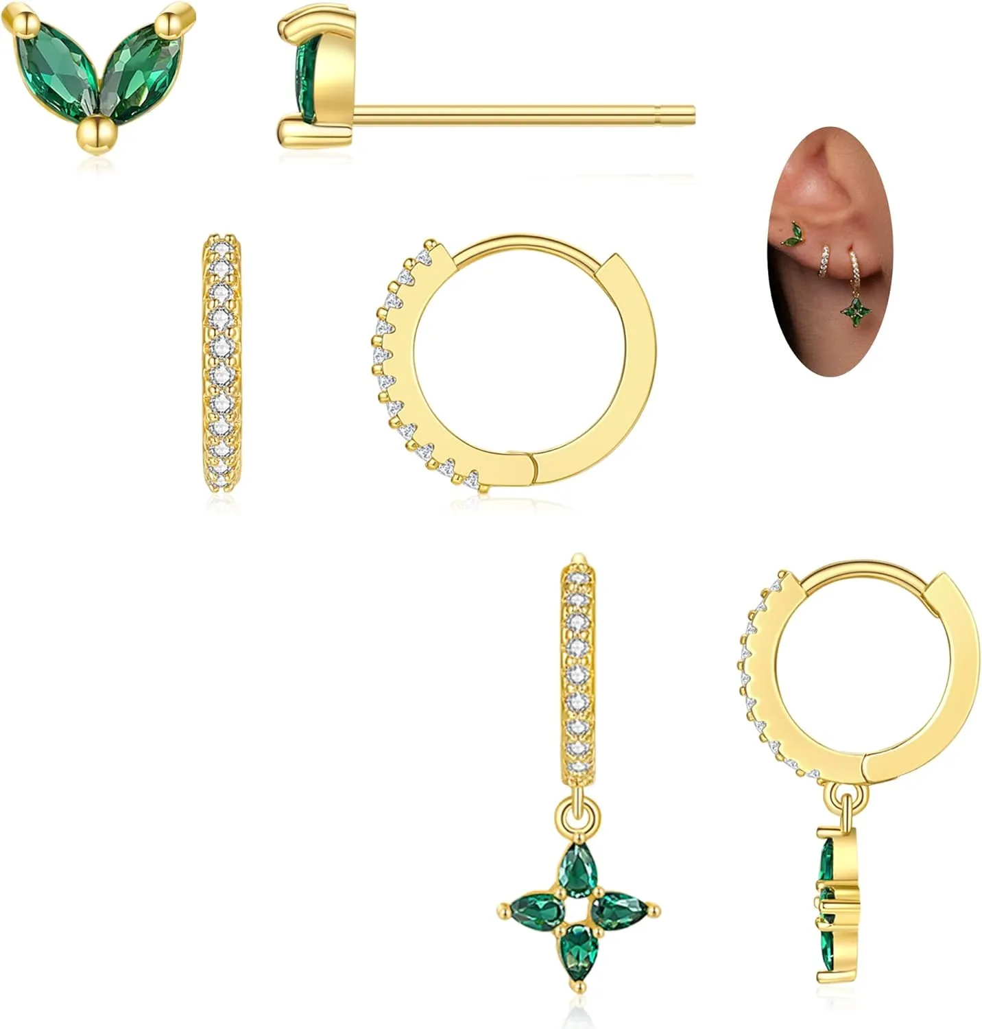 ZRU Green Gold Stud Hoop Huggie Earrings Set for Women & Men - Cartilage Earrings, Dainty 18k Gold Plated with CZ